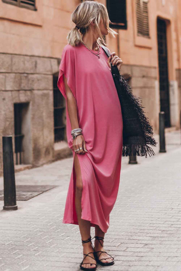 Pink Crew Neck Bat Sleeve Split Maxi T-shirt Dress