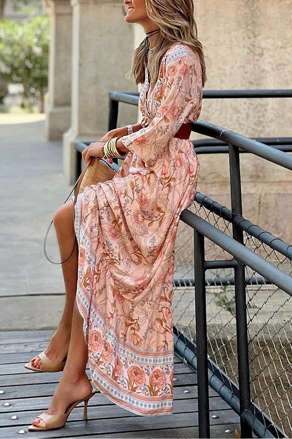 Pink Sexy Bohemian Floral V Neck Ruffle Maxi Dress