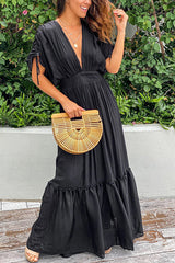 Black Drawstring Pleated Kimono Sleeve Ruffle Maxi Dress