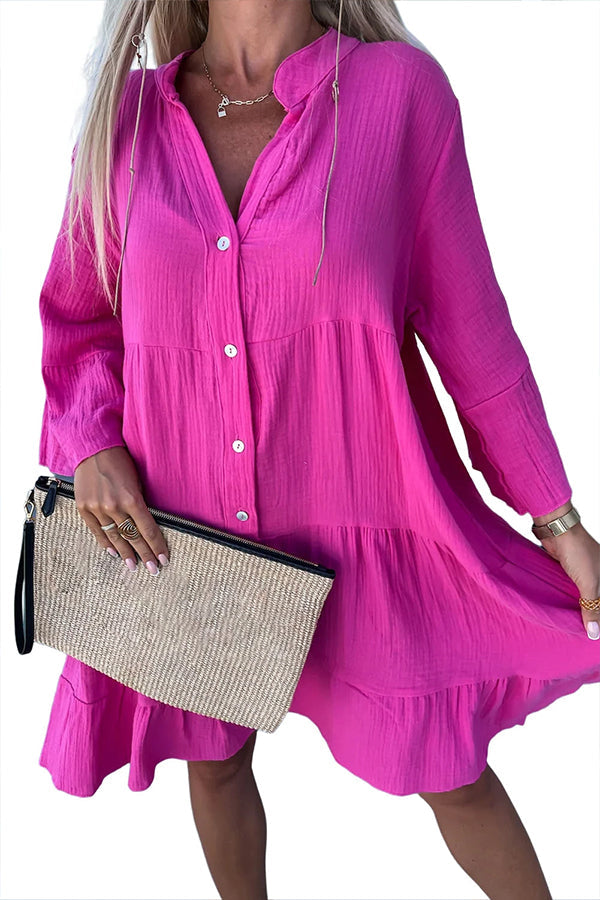 Rose Crinkled Tiered Split Neck Shirt Dress