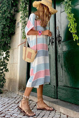 Multicolor Striped Color Block Loose Fit Half Sleeve Maxi Dress