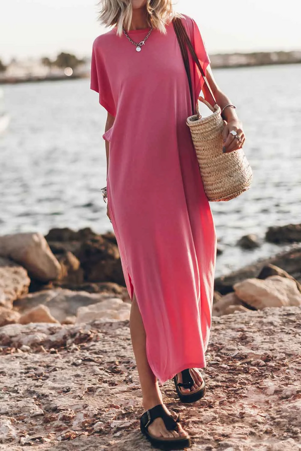 Pink Crew Neck Bat Sleeve Split Maxi T-shirt Dress