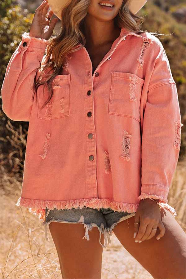 Distressed Raw Hem Denim Jacket with Chest Pockets