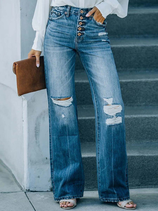 Casual Street Solid Ripped Buckle High Waist Straight Denim Jeans