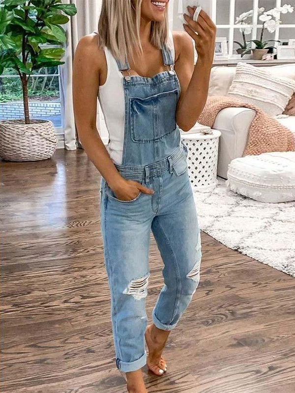 Plain Denim Ripped Jumpsuit